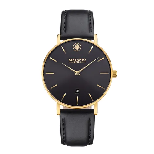 Moyen Damenuhr Gold Lederarmband Schwarz Saphirglas 5 ATM