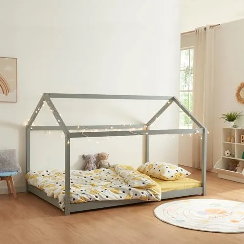 [en.casa] Kinderbett Cerro - Hausbett in Grau 120x200cm - Betten: Zauberhaftes Kinderbett aus massiver Kiefer in Hausoptik, das eine gemütliche Atmosphäre schafft und für stilvolle Einrichtung sorgt.