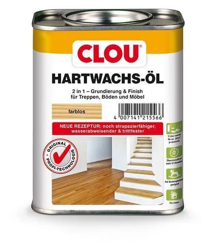 Clou Hartwachs-Öl 2 in 1 - Grundierung & Finish, farblos 0,75L - Holzöle - Vielseitiges 2 in 1 Produkt für perfekten Schutz und ansprechenden Glanz auf Holzoberflächen.