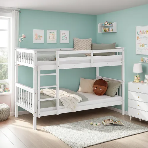 Homestyle4u Etagenbett für Kinder mit Matratzen 90x200 cm - Hochbett aus massivem Kiefernholz in Weiß, umbaubar zu zwei Einzelbetten, inklusive Lattenroste und Rollmatratzen für optimalen Schlafkomfort.