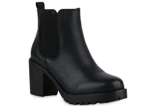 VAN HILL 902286 Chelseaboots Schuhe, Schwarz - Wanderschuhe in modischem Design mit 8 cm Blockabsatz, aus hochwertigem Lederimitat und Kunstfell, ideal für stilvolle Outdoor-Abenteuer.