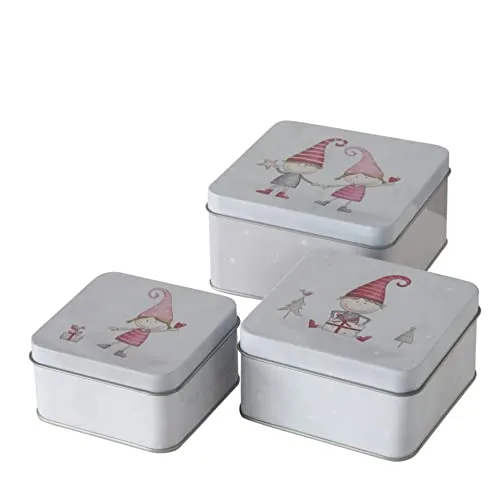 CasaJame 3er Set Metall Keksdose Plätzchendose eckig Wichtel Kinder sortiert 9-12cm