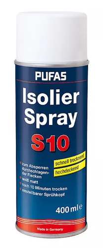 PUFAS Isolierspray S10 400 ml - Reinigungsmittel für effektive Fleckenisolierung, ideal für Innen- und Außenbereiche. Verhindert das Durchschlagen von Nikotin, Wasser- und Brandflecken durch Dispersionsfarbe.