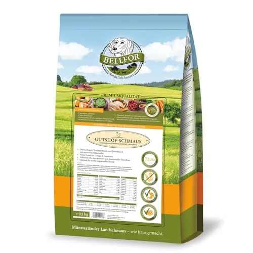 Bellfor Gutshof-Schmaus Trockenfutter mit Huhn, Truthahn und Entenfleisch - Getreidefrei 7,5 kg - Hundefutter für mittelgroße Hunde, reich an Omega-3-Fettsäuren und natürlichen Vitaminen, ideal für ernährungssensible Vierbeiner.