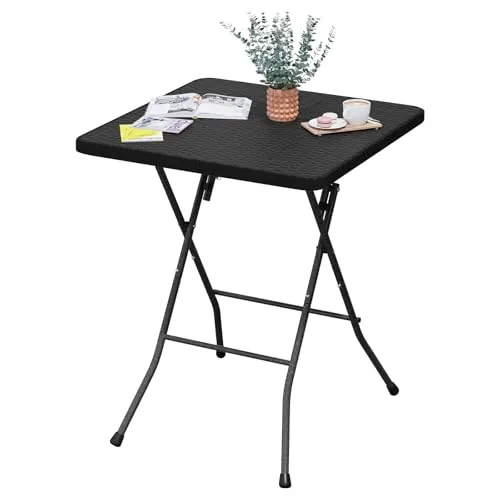 eSituro Klapptisch Gartentisch, Beistelltisch Outdoor, klappbarer Balkontisch Campingtisch Bistrotisch, Quadratische Tischplatte in Rattanoptik, Schwarz, 61x73x61 cm
