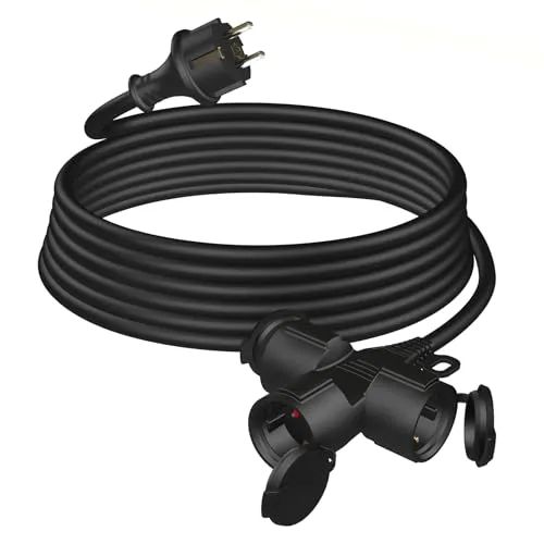 Verlängerungskabel Outdoor 5m mit 3 Schuko-Steckdosen, Gummi Verlängerung 3500W mit Schutzkappe für den Außenbereich IP44, Stromkabel H05RR-F 3G1,5mm² mit 3-Fach Verteiler, 16A/250V, Schwarz