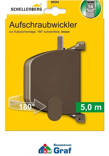 Schellenberg Mini Aufschraubwickler mit Rollladengurt, 180° schwenkbar, braun - Praktischer Mini Aufschraubwickler mit 180° Schwenkmechanismus und vormontiertem Rollladengurt. Ideal für eine einfache und flexible Bedienung von Rollläden.