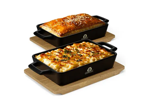 Kaisertal Servierpfanne Gusseisen 2er Set - Kleine Gusseisenpfanne mit Holzbrett, ideal für Induktion und Backofen, lebenslange Herstellergarantie für langlebige Qualität.