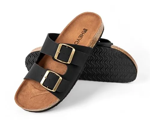 HEYO Pantoletten Herren Damen Sandalen Bequeme Hausschuhe Unisex Kork Badelatschen mit verstellbaren Riemen (Schwarz, EU Schuhgrößensystem, Erwachsene, Numerisch, M, 45)