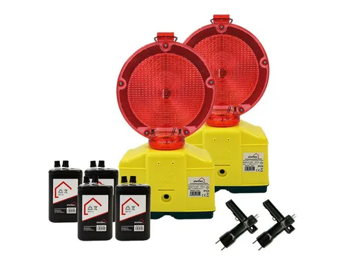 siwitec Baustrahler 2 x Baustellenleuchte rot-klar - Baustrahler mit Dämmerungsfunktion und 10 Std. Leuchtdauer, ideal für Baustellen und Outdoor-Einsätze. Inkl. Lampenschlüssel und Blockbatterien.