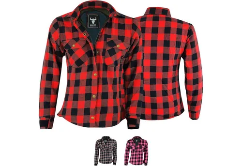 BULLDT Damen Motorradhemd mit abnehmbaren Protektoren - Klassisches 100% Baumwoll Flanellhemd in Rot - 5XL - Hochwertiges Damen Motorradhemd im Holzfäller-Stil mit 360° Schutz dank Aramid-Kevlar-Futter. Verstellbare Ärmel und praktische Taschen bieten Komfort und Funktionalität für jeden Biker.