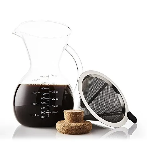 Apace Living SultryBrew Pour Over Kaffeebereiter 1L inkl. Kaffeeschaufel und Korkdeckel Eleganter Handfilter für Filterkaffee mit Glaskaraffe & Permanentfilter aus Edelstahl (1000 ML)