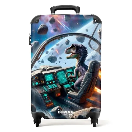 NoBoringSuitcases.com Kinderkoffer Jungen - Dino & Raumschiff, Handgepäck 55x40x20 cm - Kindergepäck: Leichter und robuster Handgepäckkoffer mit einzigartigem Dino- und Raumschiff-Design, ausgestattet mit einem integrierten Zahlenschloss für optimale Sicherheit.
