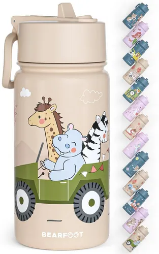 BEARFOOT Thermo Trinkflasche für Kinder - Safari Braun - Auslaufsichere Edelstahl-Trinkflasche mit 400 ml Fassungsvermögen. Ideal für unterwegs, hält Getränke länger warm oder kühl.