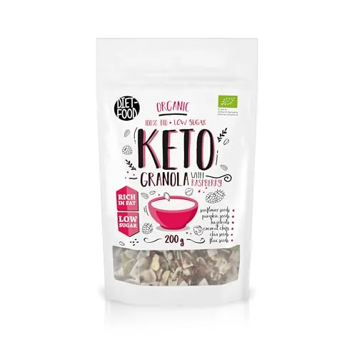 DIET-FOOD Keto Granola mit Himbeere Low Carb und Fettarm Glutenfreies Granola Frühstücksmüsli Non-GMO Snack Ohne Zuckerzusatz 200g 1er Pack