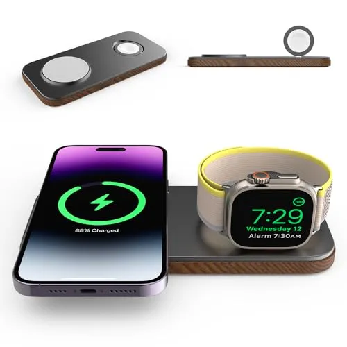 Cubenest 2in1 Magnetisches Kabelloses Ladegerät - Handy-Ladegeräte mit MagSafe-Technologie, lädt gleichzeitig iPhone und Apple Watch. Elegantes Holzdesign und schnelle Ladefunktion für eine stilvolle und effiziente Nutzung.
