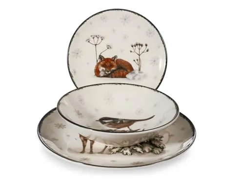 H&H Weihnachts-Tischservice 18 Teile Wild Spirits aus Steinzeug – Elegantes Set mit Wintertier-Motiven, mikrowellen- und spülmaschinenfest