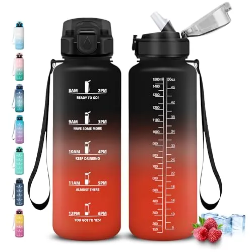 Grsta Trinkflasche 1 5 liter, Trinkflasche mit Strohhalm, Wasserflasche mit Motivierendem Slogan, Wasserflasche Auslaufsicher, Flasche für Fitness, Camping, Outdoor, Wandern, Running, Yoga