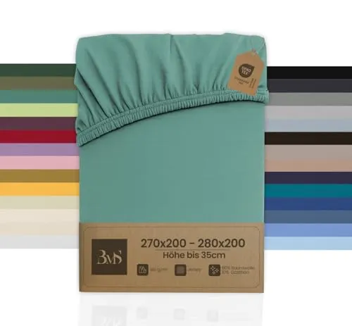 Bettwaesche-mit-Stil Familienbett Spannbettlaken Jersey Spannlaken Spannbetttuch (270x200-280x200 cm, Matratzenhöhe bis 35cm, Eukalyptus Grün) Gewicht: 180g/m², 90% Baumwolle 10% Elasthan