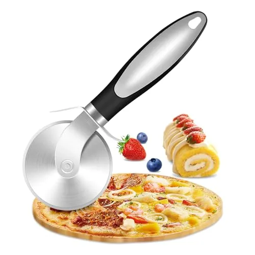 KollyKolla Pizzaschneider Edelstahl 21 Cm, Pizzaroller Gastro mit Rutschfestem Griff, Pizza Cutter Superscharfe Abnehmbare Klinge mit Klingenschutz Ideal für Pizza, Kuchen & Teig