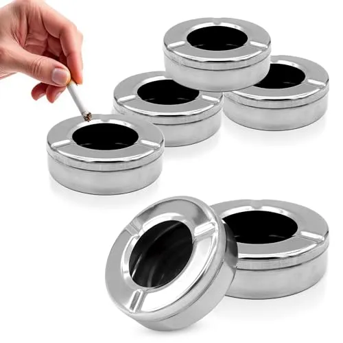Edelstahl Sturmaschenbecher rund 11 cm mit abnehmbarem Deckel - 6er Set - Metall Tischaschenbecher silber mit Windschutz - Aschenbecher für draußen Windaschenbescher Tischascher wetterfest
