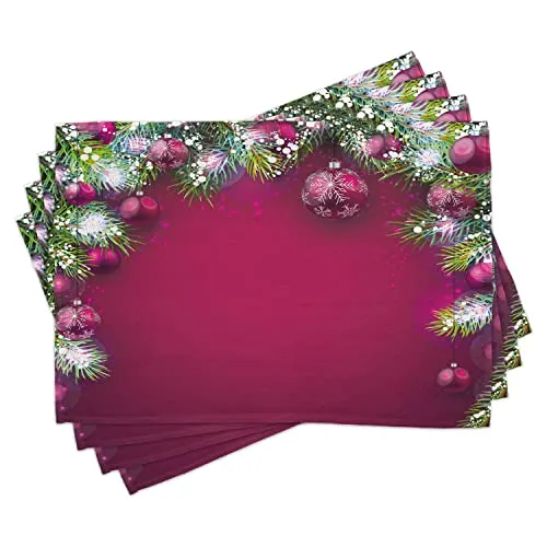 ABAKUHAUS Weihnachten Platzmatten, Baumkugeln Schneeflocken, Waschbare Stoff Esszimmer Küche Tischdekorations Digitaldruck, Magenta Grün Weiß