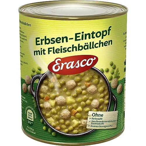 Erasco Erbsen Eintopf mit Fleischbällchen - 800 g - Suppenkonserven & Eintopfkonserven, ohne geschmacksverstärkende Zusatzstoffe und ohne künstliche Farbstoffe für einen natürlichen Genuss.