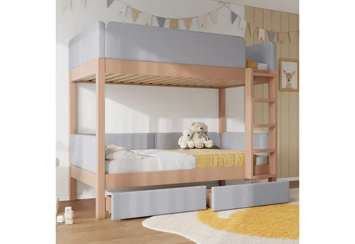 Redom Etagenbett Grau aus Holz, 90x200 cm – Ideal für Kinder- & Jugendzimmer - Vielseitiges Etagenbett in Grau und Natur, perfekt für Kinderzimmer. Mit Sicherheits-Absturzsicherung und praktischen Schubladen für mehr Stauraum. Robuste Konstruktion aus Kautschukholz und MDF für langanhaltende Nutzung.