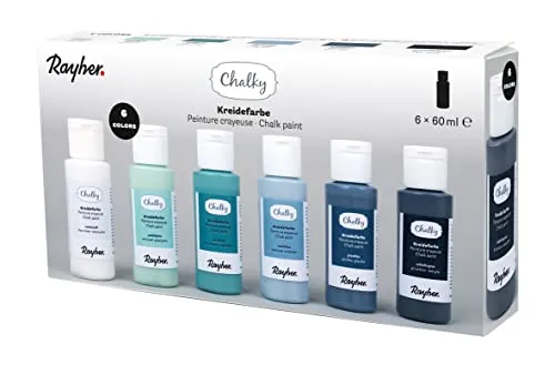 Rayher Chalky Set, 6 Farben à 60 ml, Blau-/Grüntöne, Kreidefarbe für Looks im Shabby Chic-, Vintage- und Landhausstil, 35049990