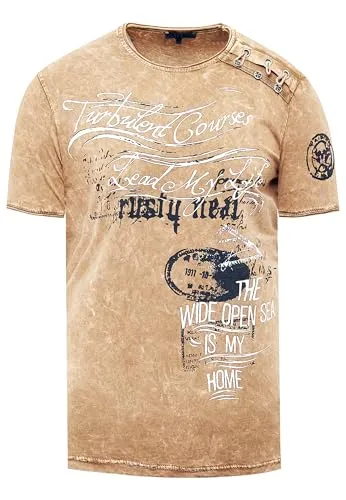 R-Neal T-Shirt Herren Seitliche Knopfleiste Oxid Washed mit Individuellem Front Print Stretch Streetwear Freizeit-Shirt 194, Farbe:Camel, Größe:M