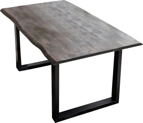 Esstisch SIT mit Baumkante, grau-schwarz, 160 cm - Eleganter Esstisch mit stabiler Kufengestell aus Stahl und massiver Mango-Holzplatte. Ideal für gesellige Runden, einfache Selbstmontage, teilmontiert geliefert.