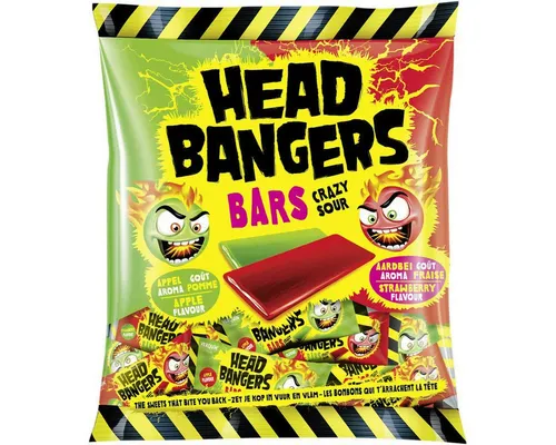 HEAD BANGERS Süßigkeit - Crazy Sour Kaubonbons Apfel & Erdbeere 200g - Die Head Bangers Bars bieten dir sauren Genuss in Apfel- und Erdbeer-Geschmack. Perfekt zum Naschen und Teilen, ideal für alle Süßigkeitenliebhaber!