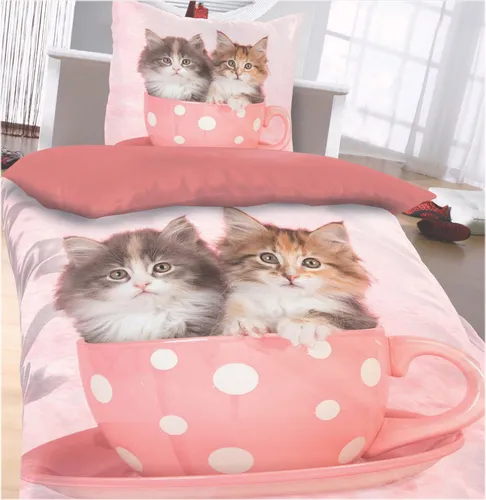2-tlg. Katzen Motiv Wende Bettwäsche, 135 x 200 + 80x80cm, rose, fotorealistischer Druck, Microfaser