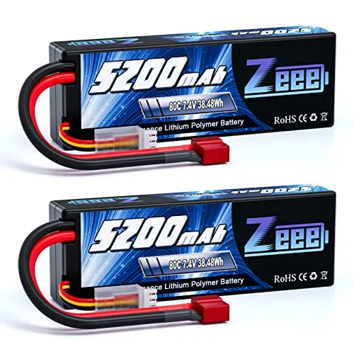 Zeee 2S Lipo 5200mAh 7,4V 80C RC Akku Hardcase mit T Stecker für RC Evader BX Auto Car Truck LKW Truggy RC Hobby (2 Packungen)