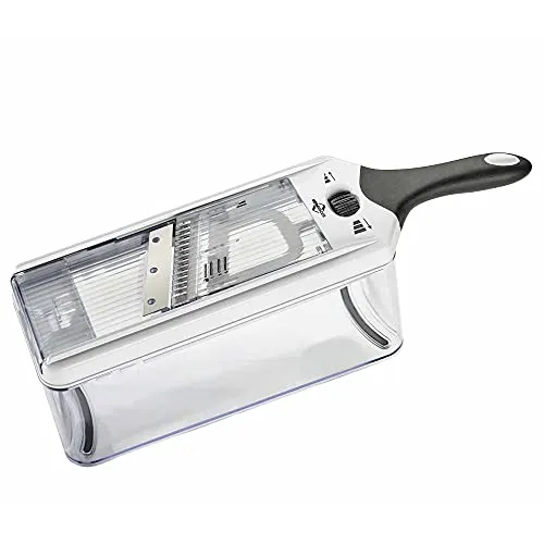 Küchenprofi Gemüsehobel Vario mit 4 Messereinsätzen - Reiben: Vielseitiger Gemüseschneider mit 4 Messereinsätzen für perfekte Schnitte von 1-5mm, ideal für kreative Küchenliebhaber.