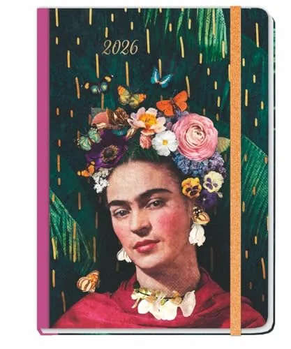 Design Diary Frida 2026: Kunstkalender für Frida Kahlo Fans - Hörbücher - A5 Buchkalender 2026 mit Gummibändchen, Lesebändchen und Leinenrücken, perfekt für kreative Planer und Frida Kahlo Liebhaber.