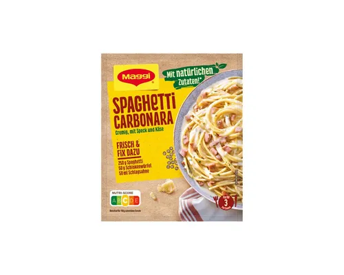 MAGGI Fix für Spaghetti Carbonara 14er Pack – Cremige Sauce mit Speck und Käse - Entdecken Sie die MAGGI Fix für Spaghetti Carbonara: eine cremige Würzmischung für schnellen Genuss. Ideal für Vorratshaushalte, sorgt sie für eine köstliche Sauce ohne zusätzliches Nachwürzen. Perfekt für Pasta-Liebhaber!