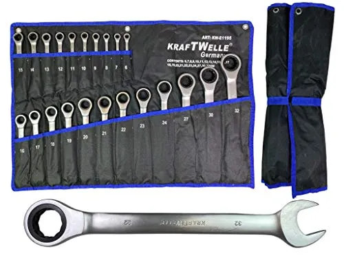 Kraftwelle Ringratschenschlüssel 22-teilig 6mm-32mm Gabelschlüssel mit Ratsche Werkzeugset Ringmaul im Stoffbeutel