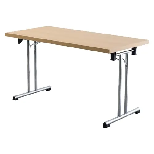 Bümö Klapptisch Buche 138 x 69 cm - Klappbarer Konferenztisch - Konferenztisch mit stabiler, verchromter Stahlbasis und kratzfester, melaminharzbeschichteter Tischplatte. Ideal für professionelle Nutzung, komplett montiert und stapelbar für platzsparende Lagerung.