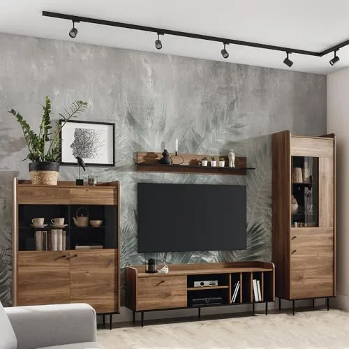 Lomadox Wohnwand Eiche Nb. im Retro Stil - Stylische Wohnwand im angesagten Retro Design mit Soft-Close Türen und stabilen Metallfüßen, perfekt für ein modernes Wohnzimmer.