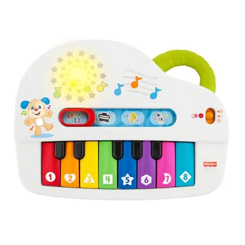 Fisher-Price Babys erstes Keyboard mehrsprachige Version, tragbares Spielzeugklavier mit Lichtern, Musik, Tiergeräuschen und Lerninhalten für Kleinkinder, HCJ12