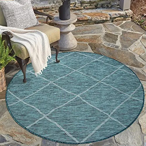 carpet city Outdoor Teppich Terrasse Wetterfest - 120x120 cm Rund - Balkonteppich Blau - Raute Muster - In-& Outdoor Teppiche für Veranda, Garten, Küche, Bad oder Wohnzimmer