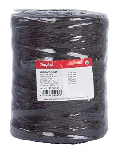 Rayher 4200305 Jutegarn, 4fach, 3,5mm ø, Spule 280m, d.braun