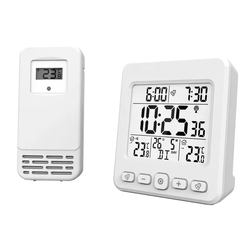 Miraval LCD Funkwecker mit Außensensor Wetterstation Datumsanzeige Funkuhr Kalender Datum 2 Alarme Datumsanzeige Snooze Funkwetterstation (Datumsanzeige, Funksignal, Temperaturanzeige, Aussensensor, AA-Batterien, Schwarz, Großer Display, Funkwecker), Weiß