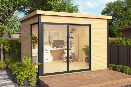 Gartenhaus Blockhaus Pultdach 44 mm Domeo 1 - Gartenhaus aus hochwertigem Holz mit 8,48 m² Nutzfläche, stabiler Pultdachkonstruktion und abschließbarem Schiebetürsystem - ideal für Gartenliebhaber.