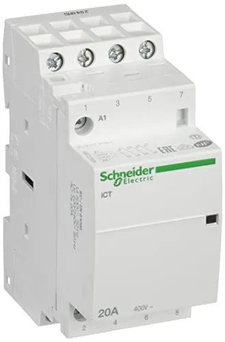 Schneider Electric A9C22824 Installationsschütz 4S 20A 220-240VAC - Leistungsschalter mit 4 Schließerkontakten, ideal für zuverlässige Steuerungen in elektrischen Installationen. Bemessungsstrom von 20 A und Betriebsspannung von 220-240 V.