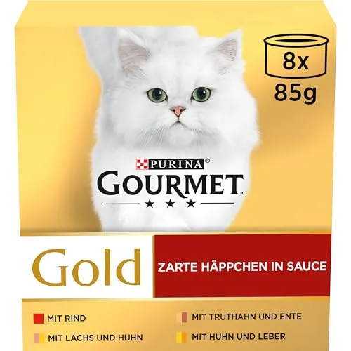 Gourmet Gold Zarte Häppchen in Sauce Katzenfutter nass, Sorten-Mix, 12er Pack (12 x 8 Dosen à 85g)