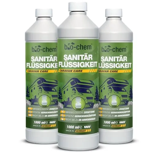 bio-chem Sanitärflüssigkeit 3x 1L – Mikrobiologischer Toilettenzusatz - WC-Reiniger für Campingtoiletten, zersetzt Fäkalien & Papier, bekämpft Gerüche, biologisch abbaubar und mit erfrischendem Waldbrise-Duft.