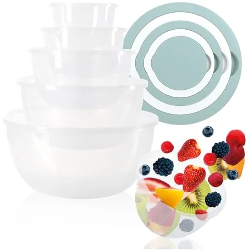 com-four® 5-teiliges Rührschüssel-Set mit Deckel - Salatschalen in 5 Größen - Backschüsseln 0,4/0,8/1,5/2,5/4,4 Liter - spülmaschinenfeste Schalen - Servierschalen (Deckel - pastellgrün)