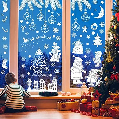Weihnachtsdeko Fenster, 9 Blatt Fensterbilder Weihnachten, Fensterdeko Weihnachten Selbstklebend, PVC Fenstersticker Weihnachten, Doppelseitiger Fensteraufkleber Weihnachten Kinder